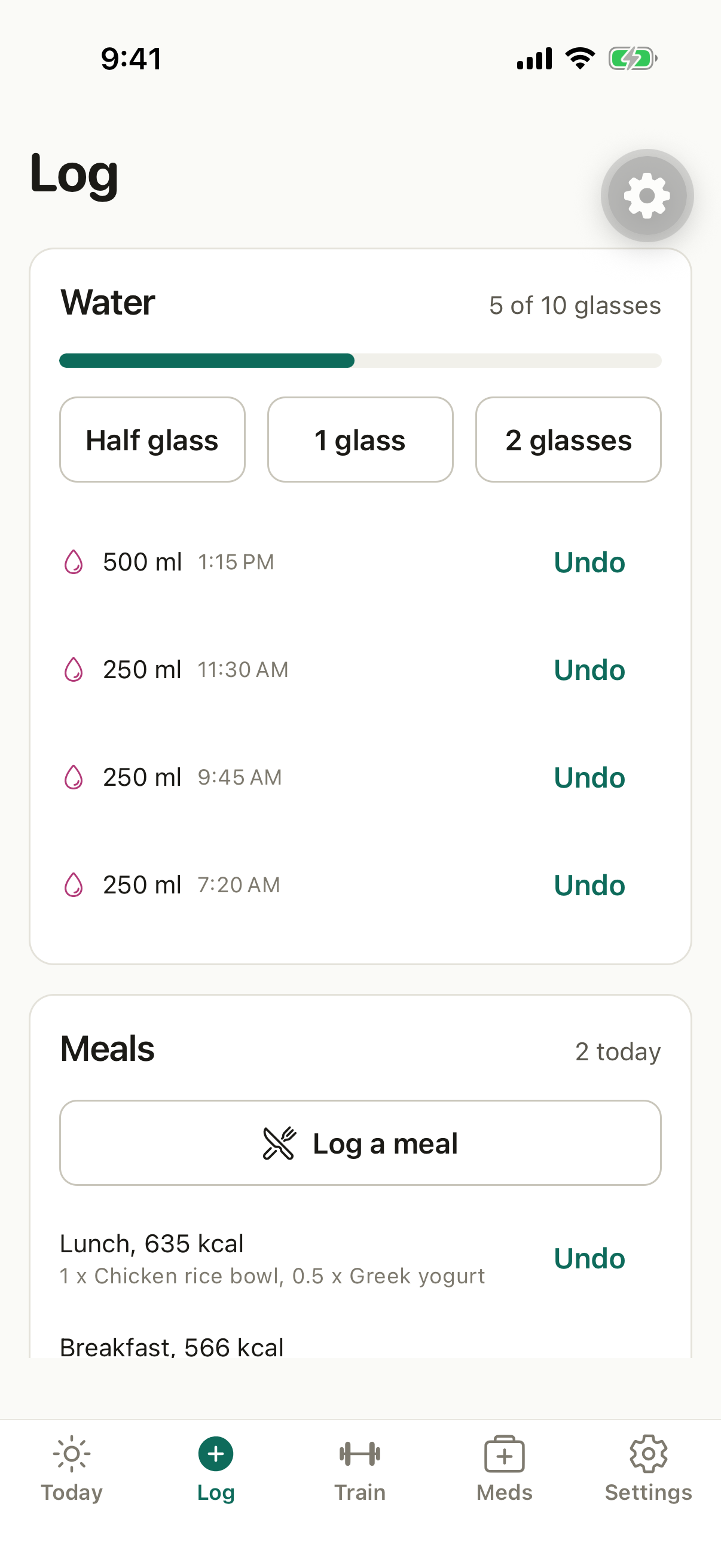 The Log tab with today’s water and meals