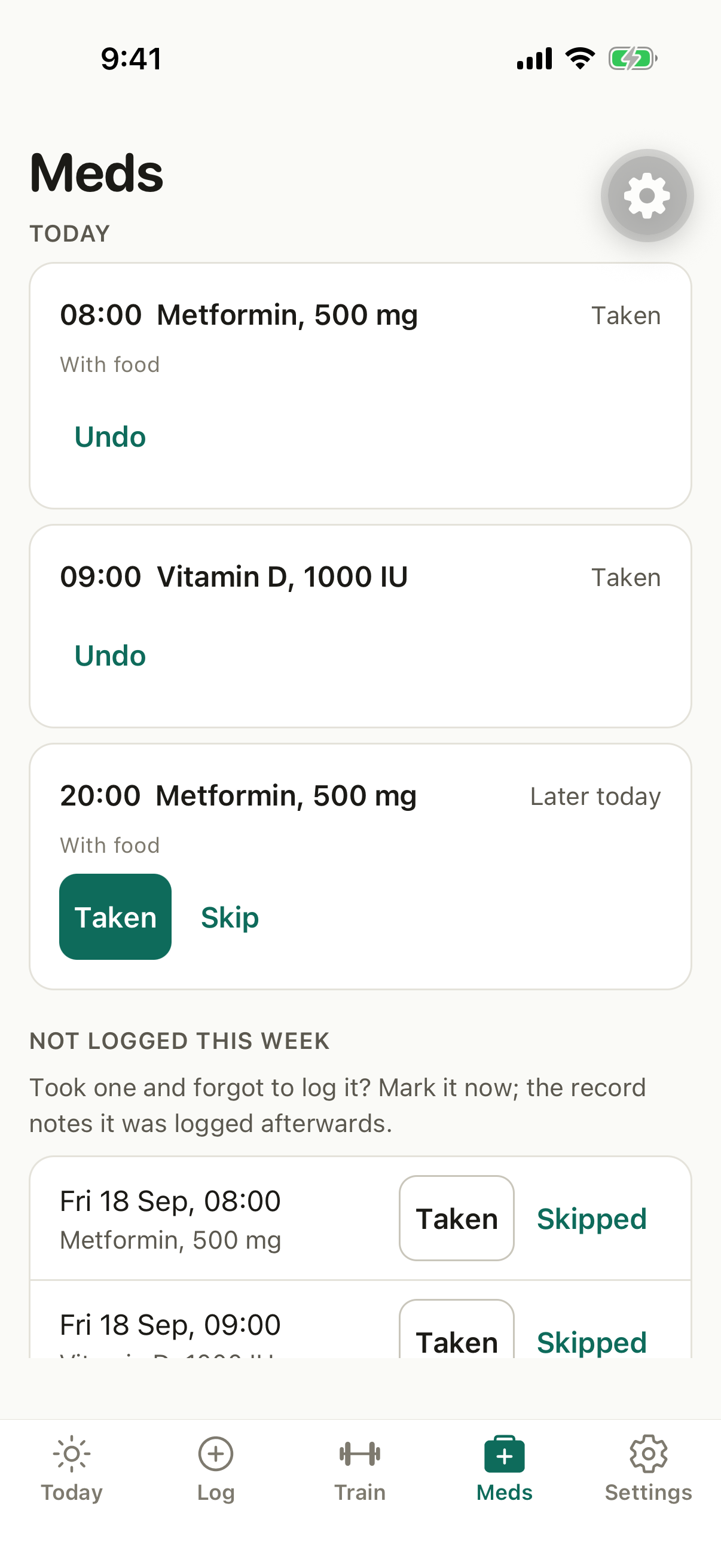 The Meds tab with today’s doses