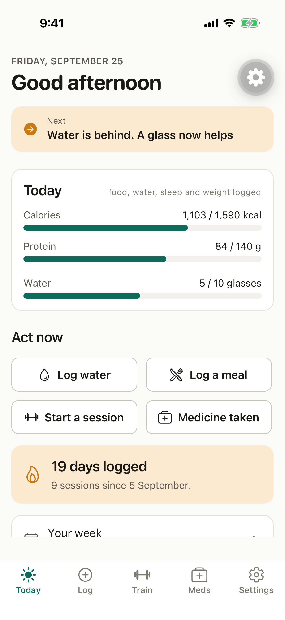 Today in Apexevo: calories, protein and water against their targets