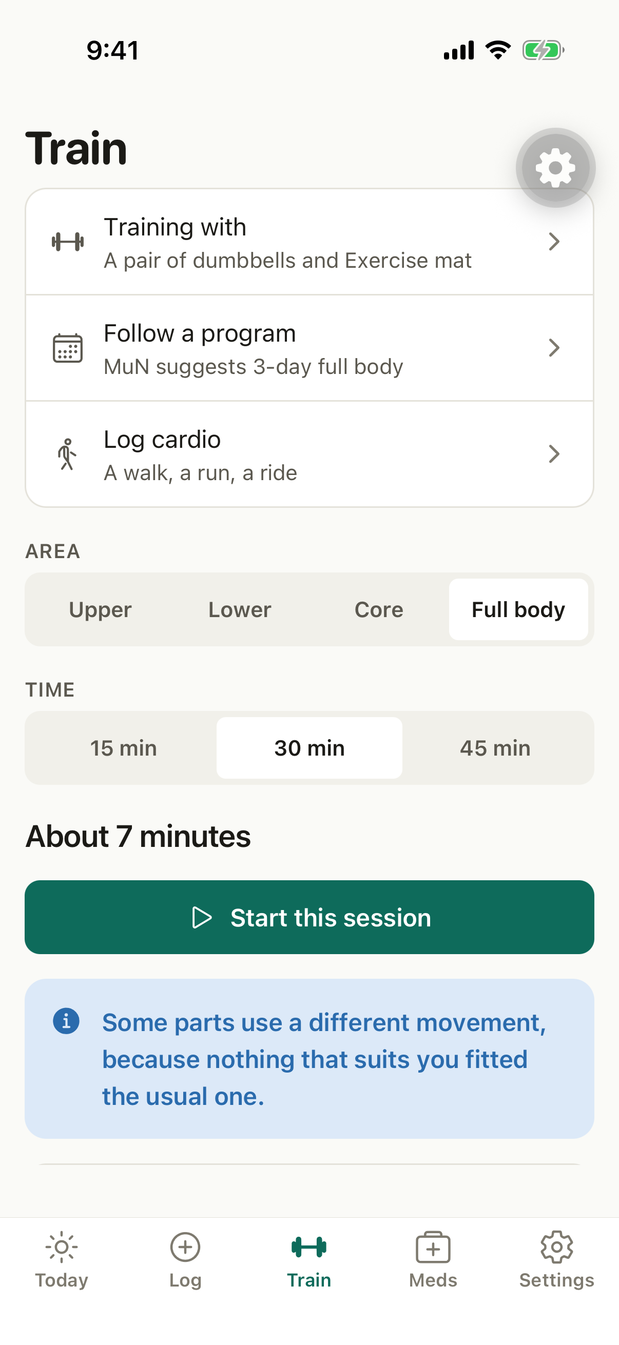 The Train tab offering a full body session